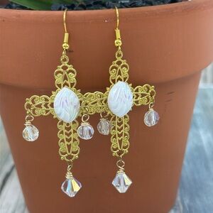 ⭐️Adorned Crown Jewelry assemblage filigree cross with Czech glass and crystals